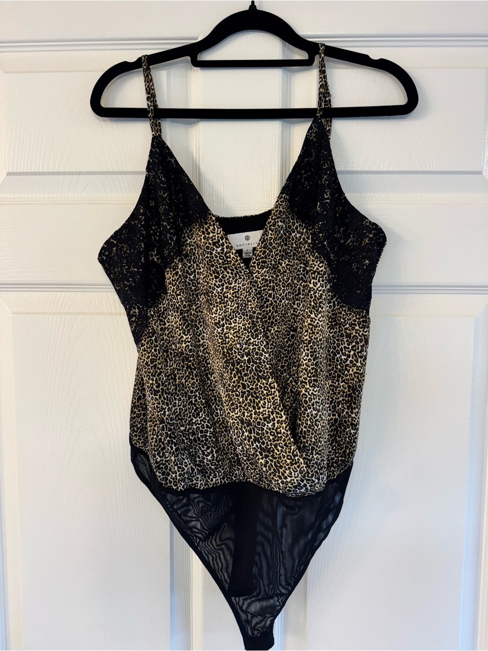 Socialite Leopard-Print Lace-Trim Bodysuit in Black and Tan